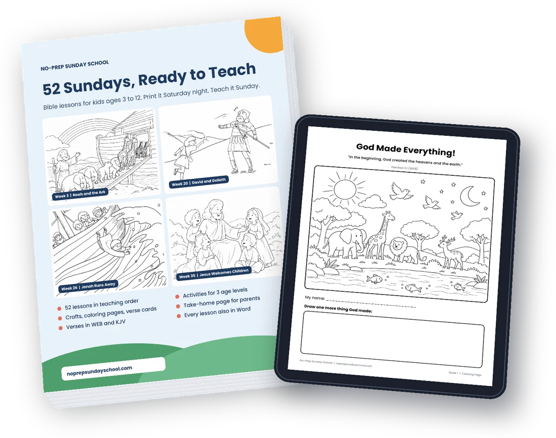 The printed No-Prep Sunday School kit next to a tablet showing a coloring page